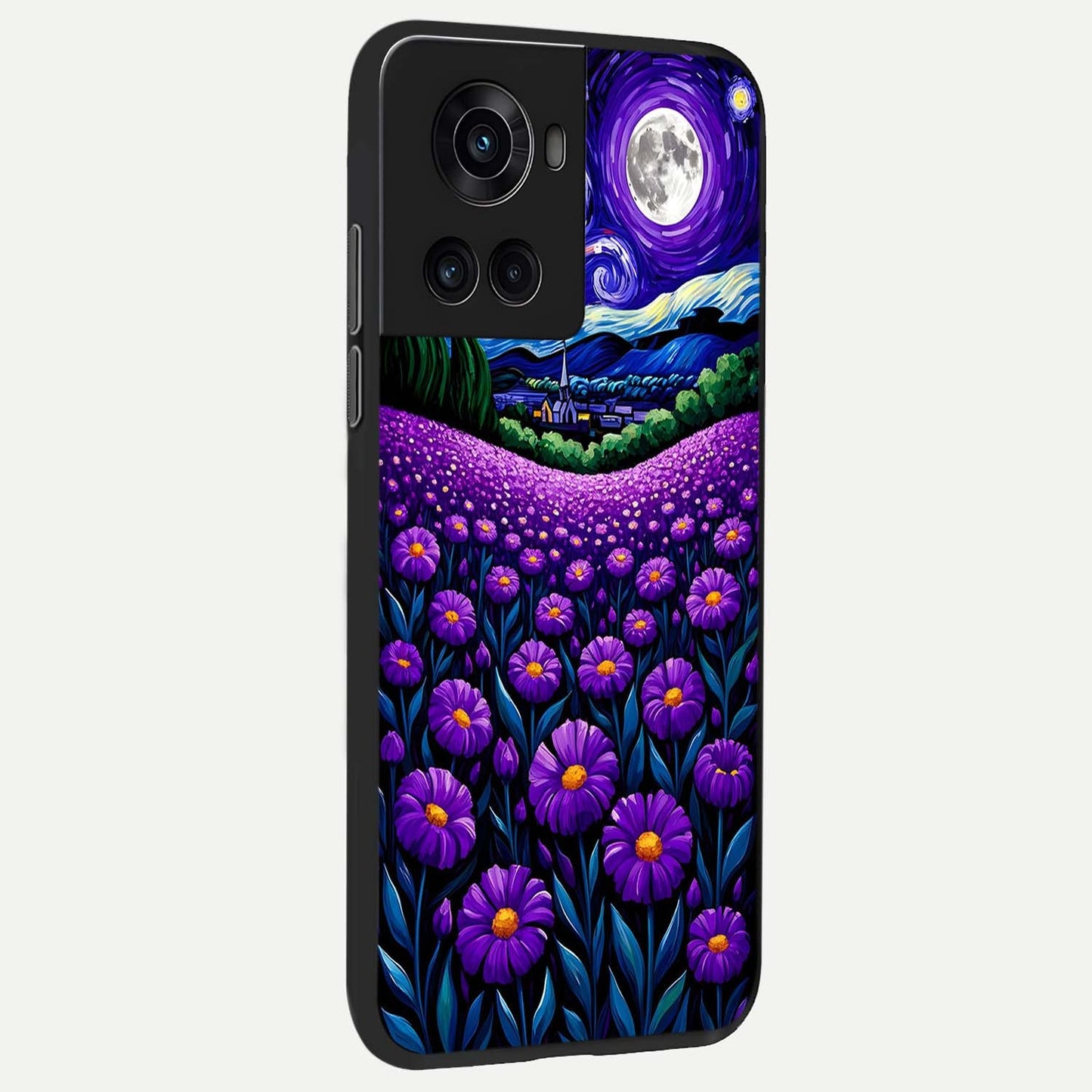 Lavender Moon Field Glass Case showing full back design in clean flat view with moonlit lavender fields and glossy glass finish.