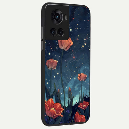  Midnight Tulip Glow back cover For OnePlus 10R slim fit glass case with vibrant aesthetic design
