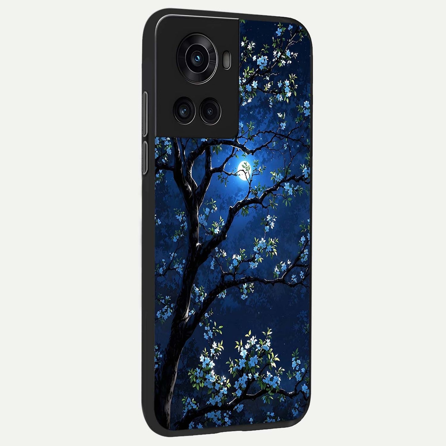 Mystic Floral Night Glass Case showing full back design in clean flat view with dark floral night artwork and glossy glass finish.