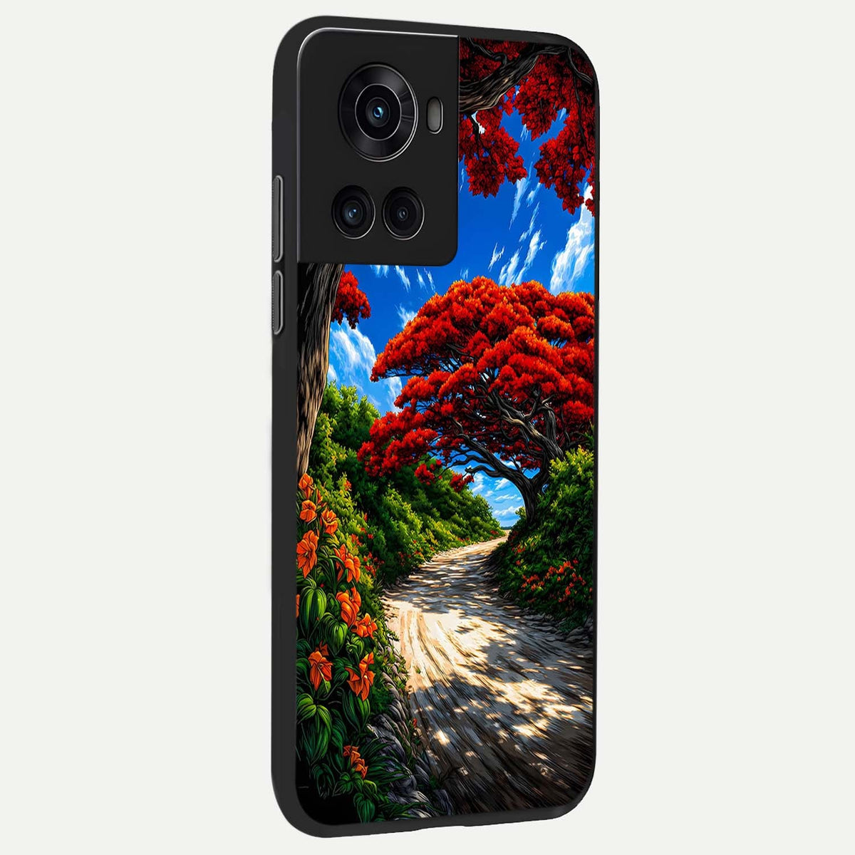  Red Trees Pathway back cover For OnePlus 10R slim fit glass case with vibrant aesthetic design