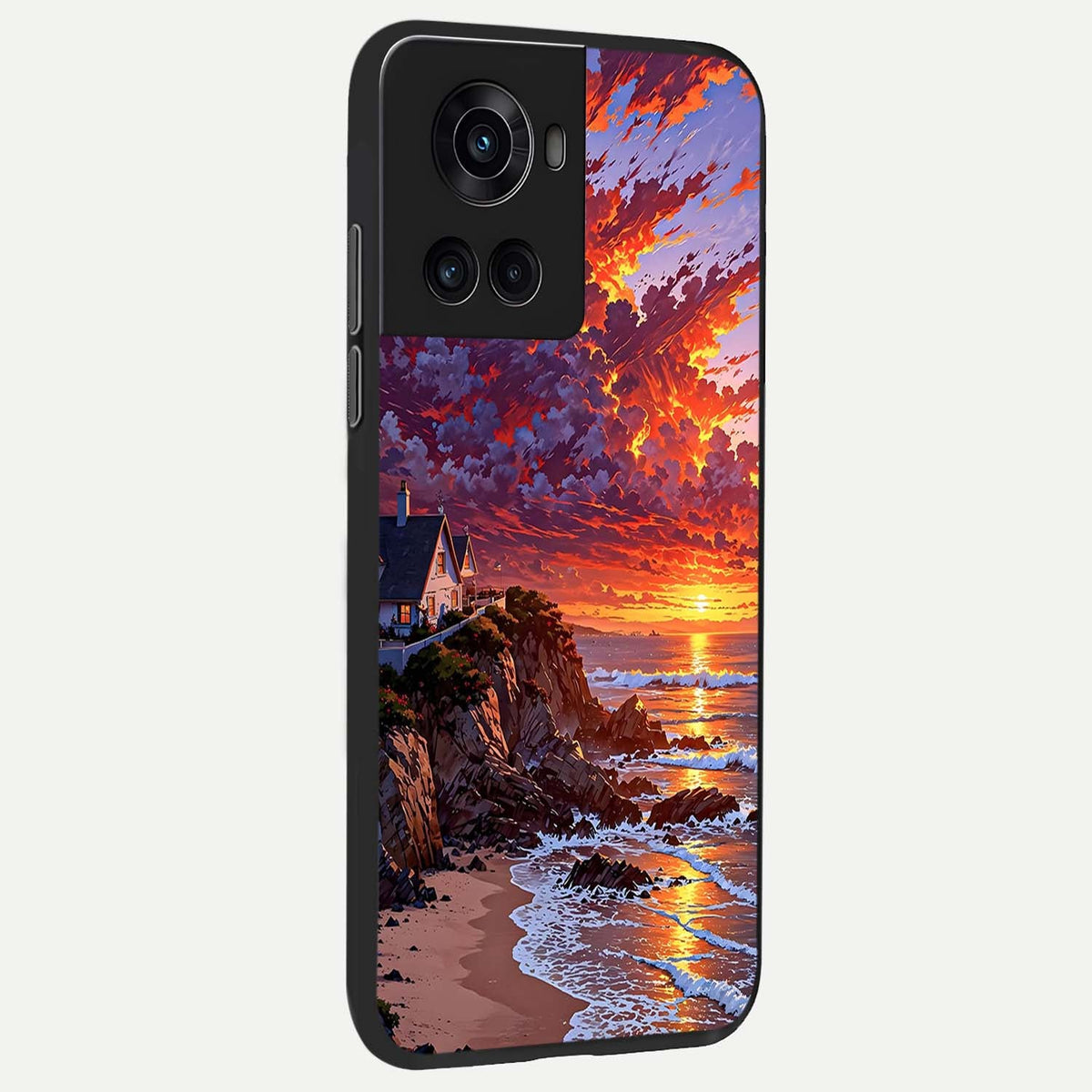  Sunset House By Sea back cover For OnePlus 10R slim fit glass case with vibrant aesthetic design