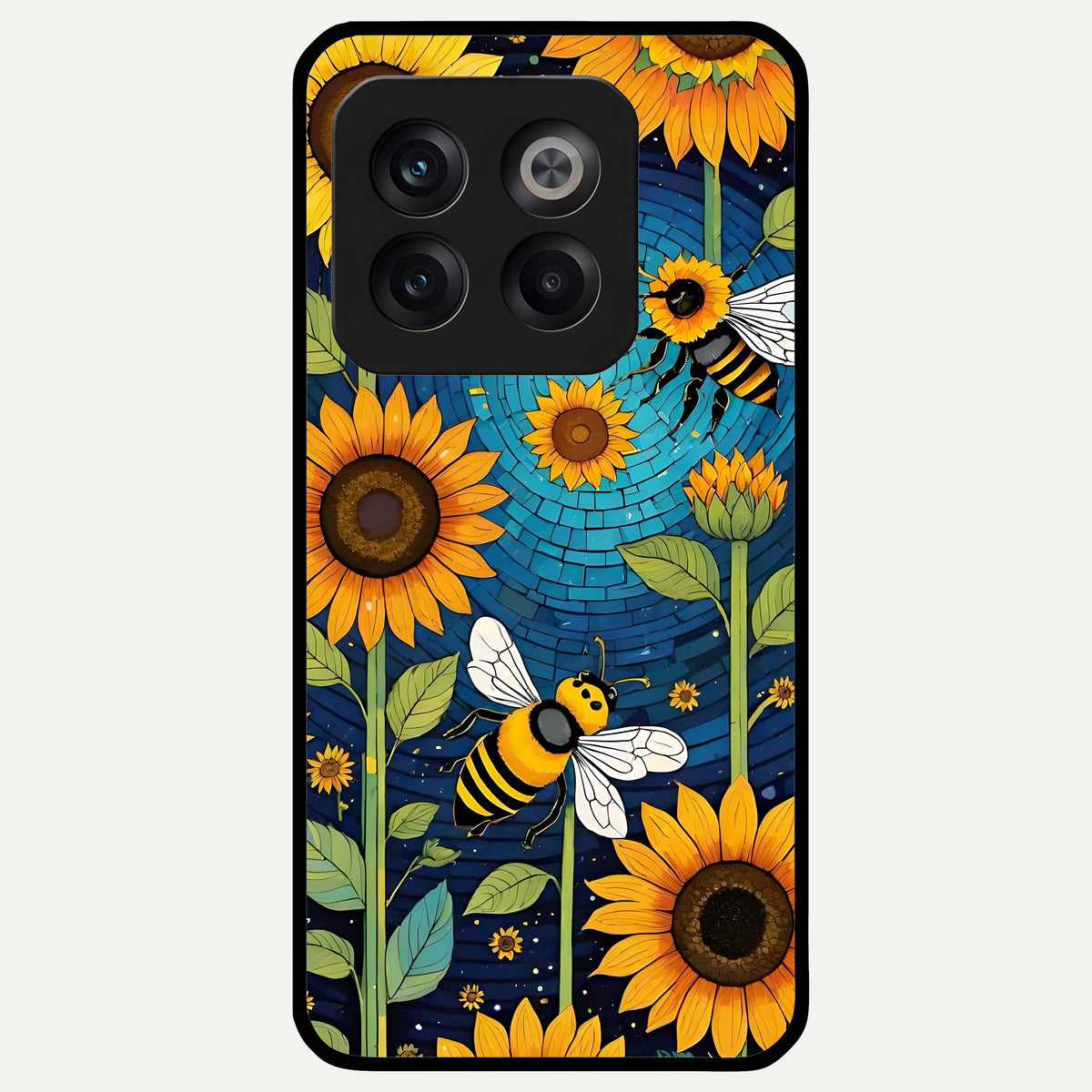  Bees And Sunflowers Glass Case For OnePlus 10T back cover – full design glossy printed glass finish