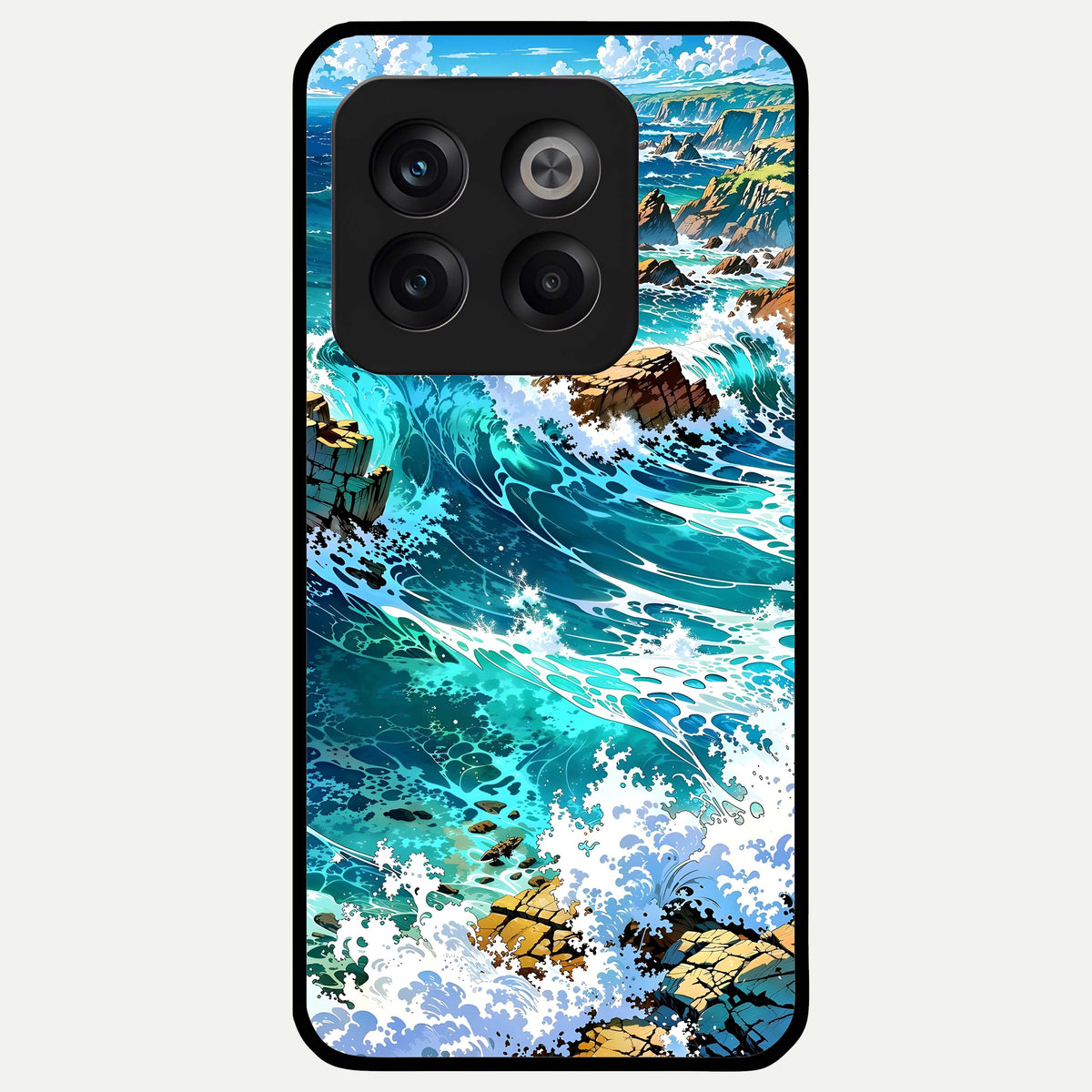  Coastal Blue Waves Glass Case For OnePlus 10T back cover – full design glossy printed glass finish