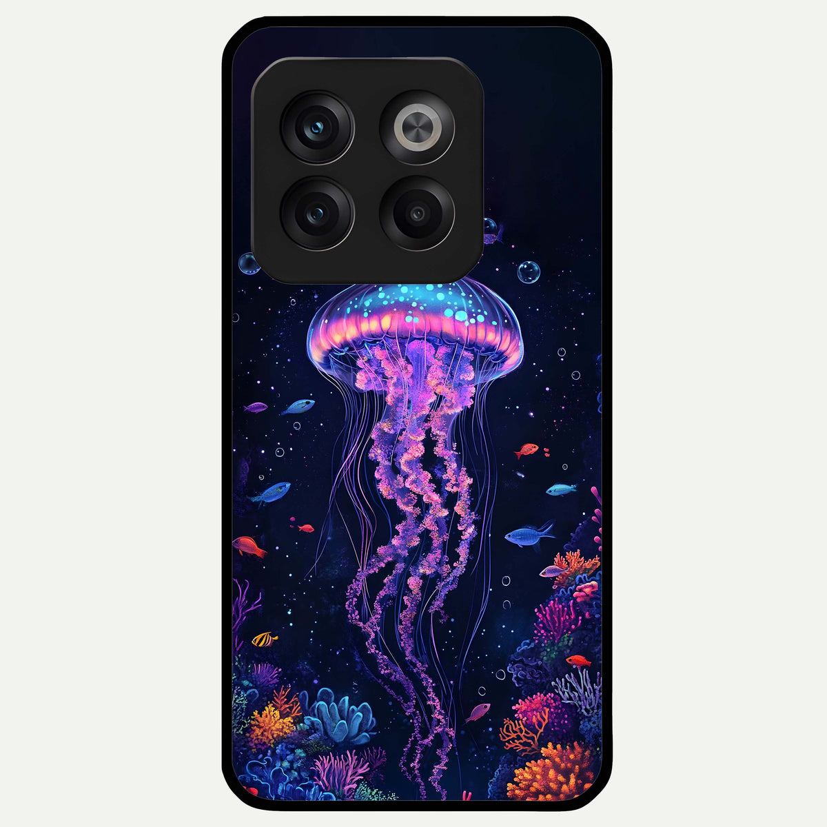  Neon Jellyfish Glass Case For OnePlus 10T back cover – full design glossy printed glass finish