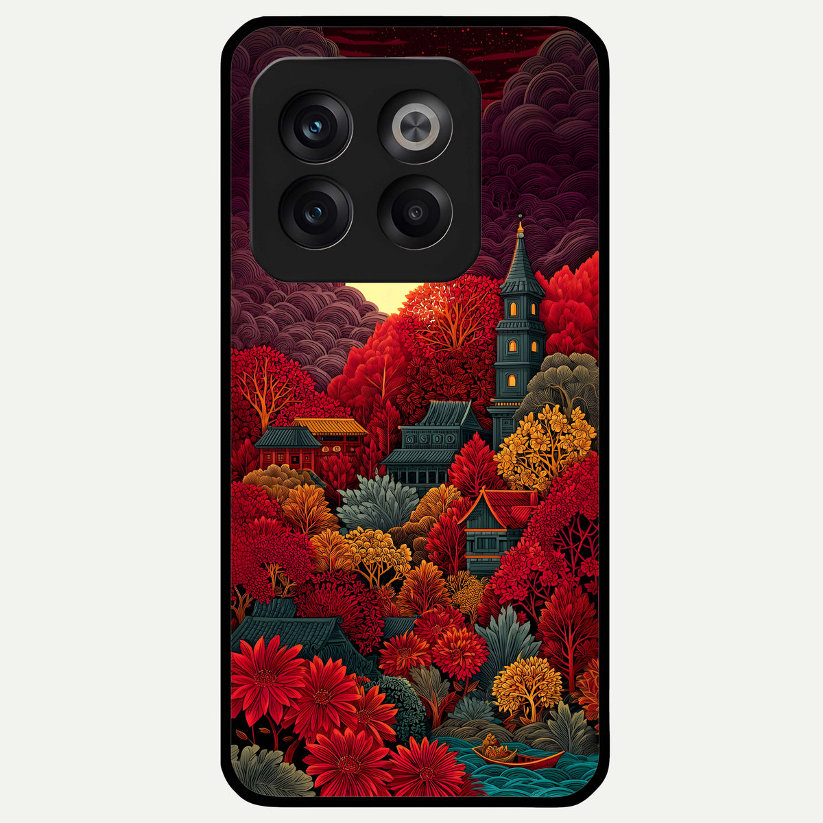  Scarlet Autumn Temple Glass Case For OnePlus 10T back cover – full design glossy printed glass finish