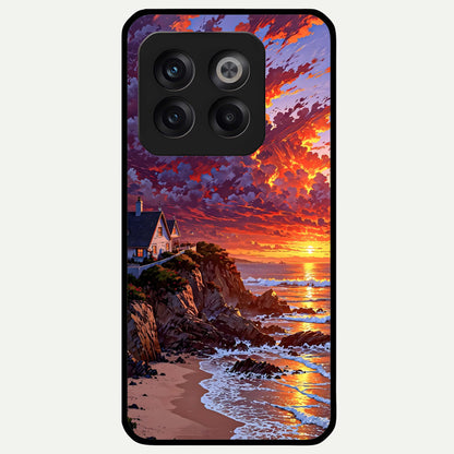  Sunset House By Sea Glass Case For OnePlus 10T back cover – full design glossy printed glass finish