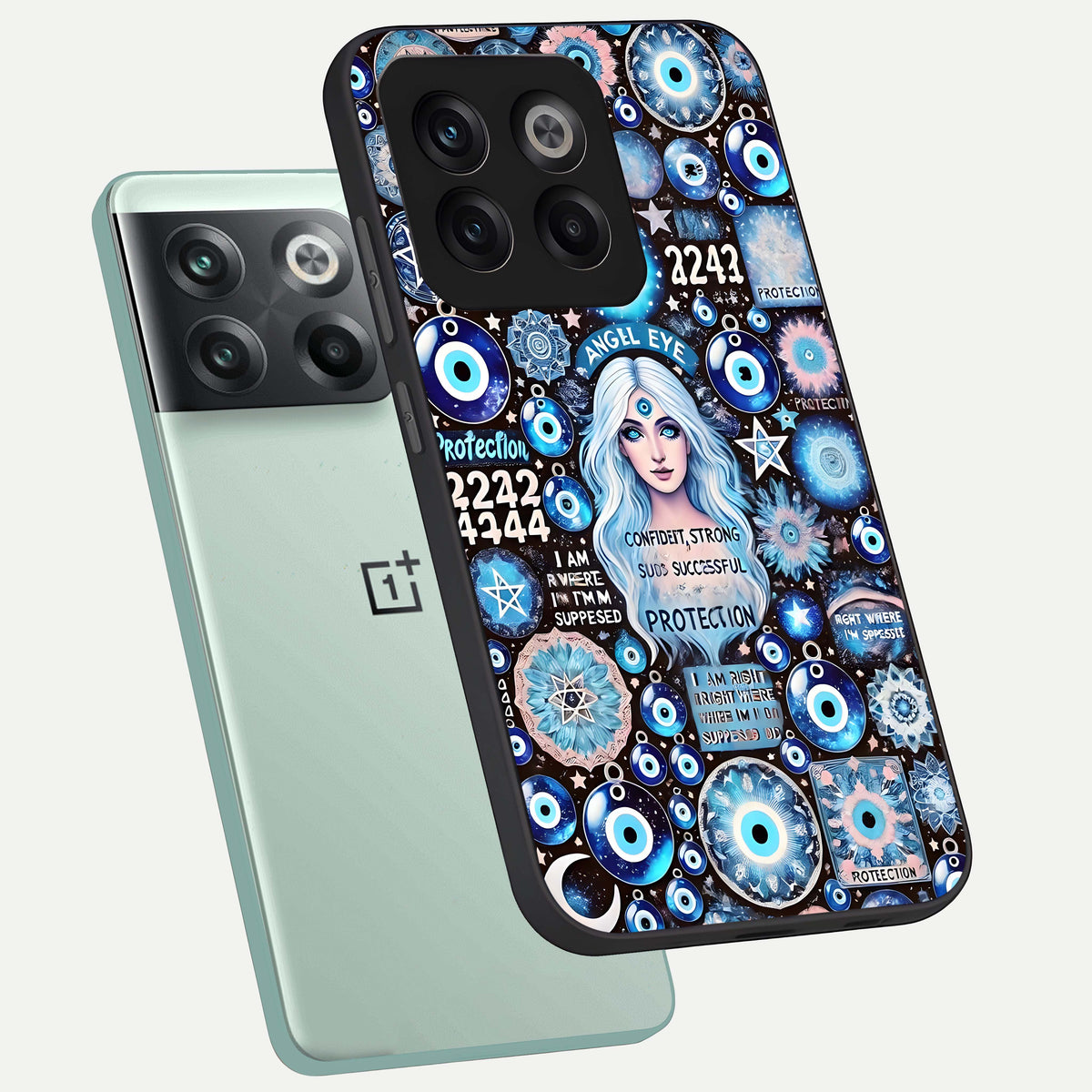  Angel Aura Shield phone case For OnePlus 10T showing premium glass back cover with detailed artwork