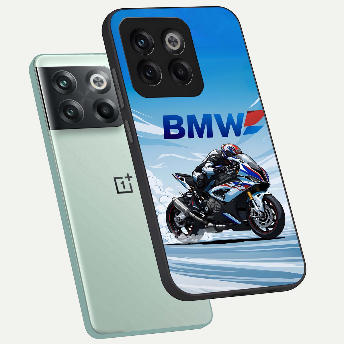  BMW Power Drift phone case For OnePlus 10T showing premium glass back cover with detailed artwork