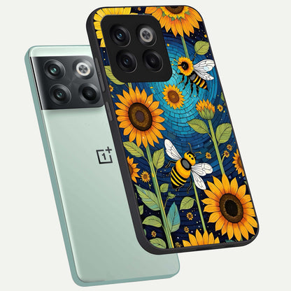  Bees And Sunflowers phone case For OnePlus 10T showing premium glass back cover with detailed artwork