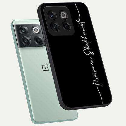  Black Tune Custom Name phone case For OnePlus 10T showing premium glass back cover with detailed artwork
