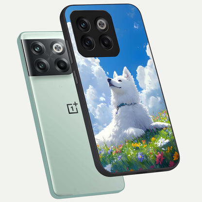  Blissful Cloud Pup phone case For OnePlus 10T showing premium glass back cover with detailed artwork