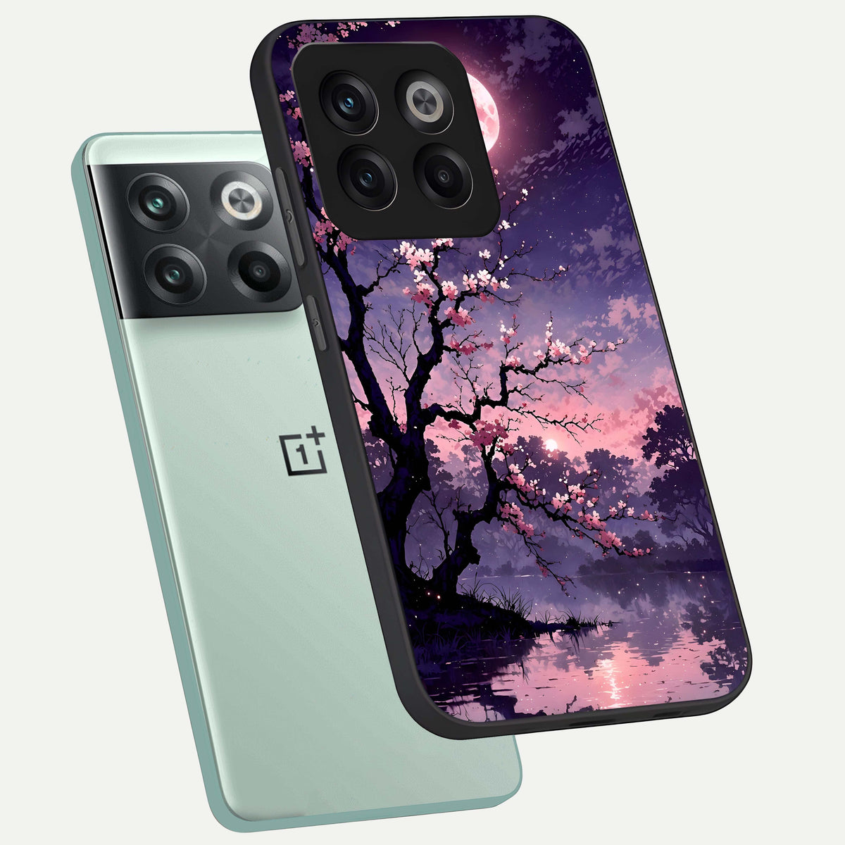  Blossom Pink Moon phone case For OnePlus 10T showing premium glass back cover with detailed artwork