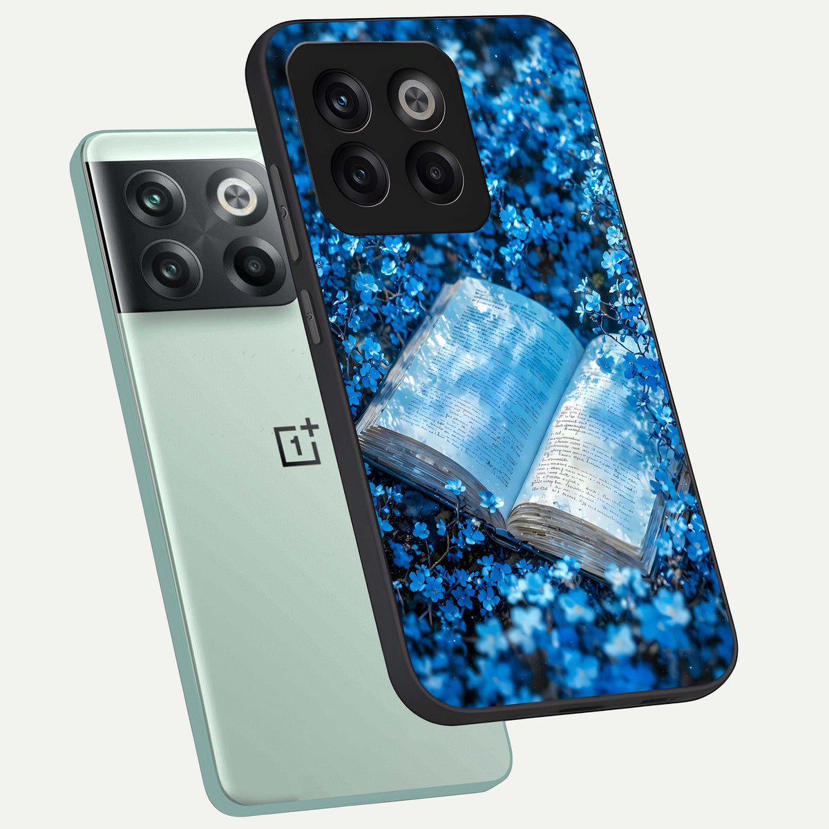  Blue Bloom Tales phone case For OnePlus 10T showing premium glass back cover with detailed artwork