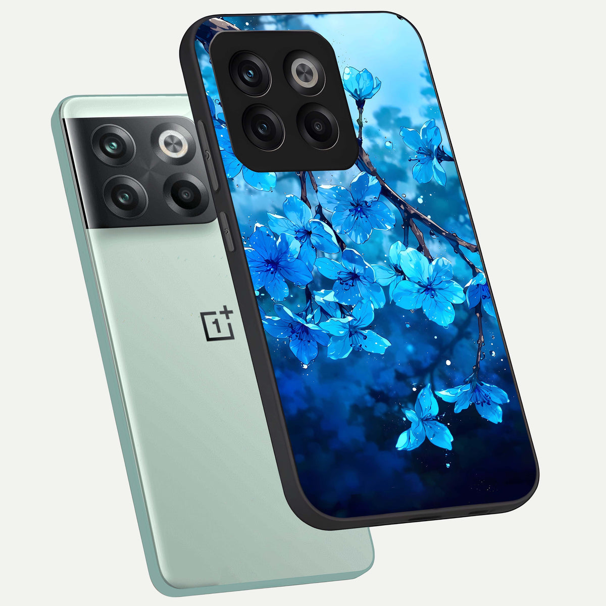  Blue Blossoms Branch phone case For OnePlus 10T showing premium glass back cover with detailed artwork