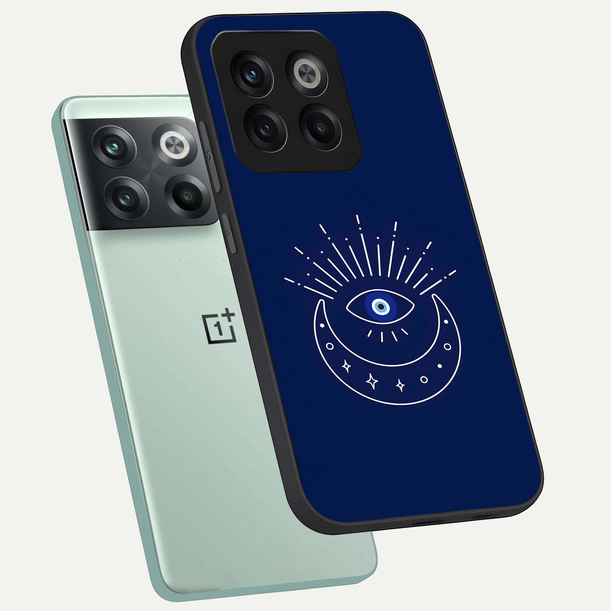 Blue Evil Eye phone case For OnePlus 10T showing premium glass back cover with detailed artwork