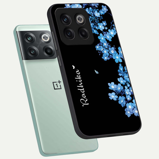  Blue Petal Dream Custom Name phone case For OnePlus 10T showing premium glass back cover with detailed artwork