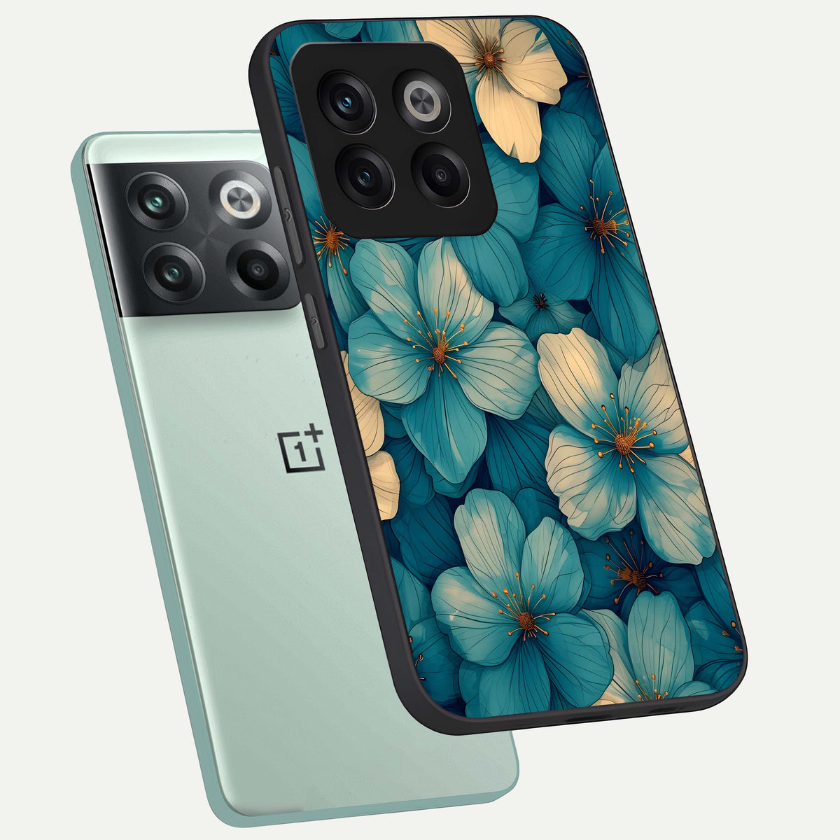  Blue Shade Floral phone case For OnePlus 10T showing premium glass back cover with detailed artwork