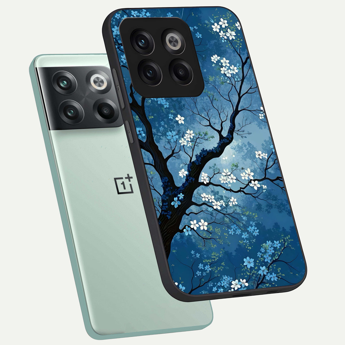  Blue Tree Serenity phone case For OnePlus 10T showing premium glass back cover with detailed artwork