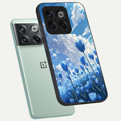  Blue Tulip Clouds phone case For OnePlus 10T showing premium glass back cover with detailed artwork