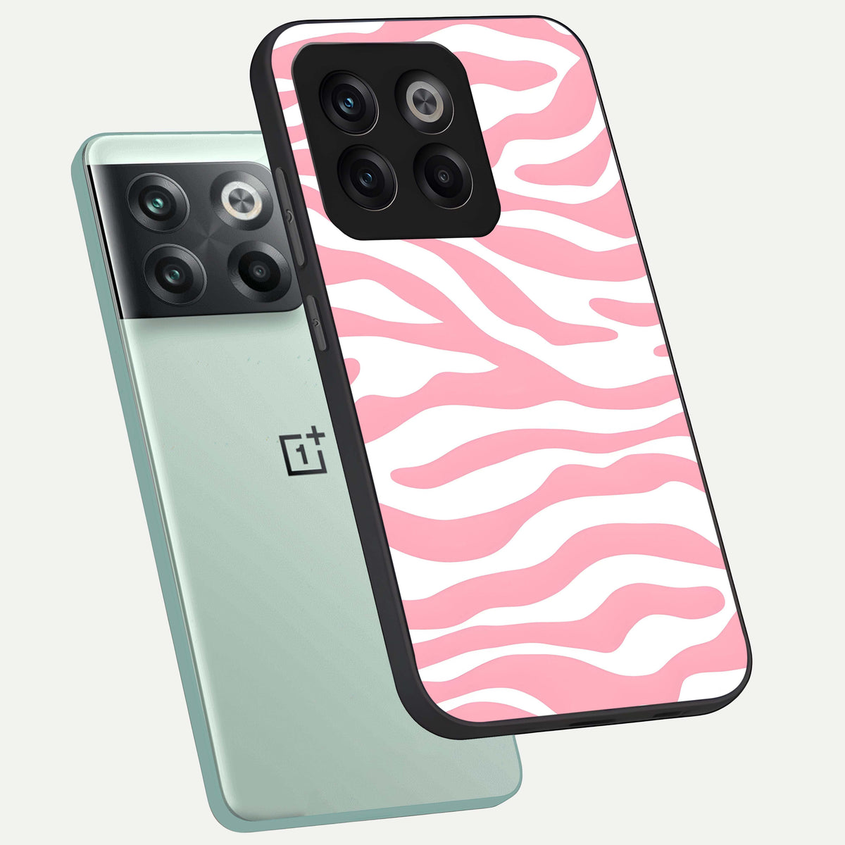  Blush Zebra Flow phone case For OnePlus 10T showing premium glass back cover with detailed artwork