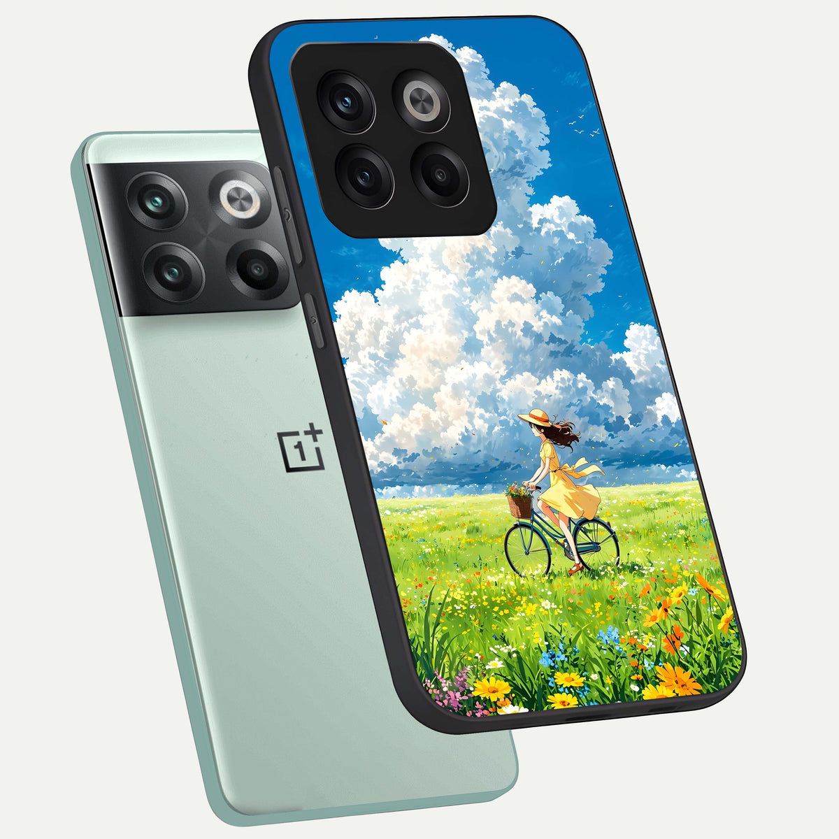  Breezy Meadow Ride phone case For OnePlus 10T showing premium glass back cover with detailed artwork