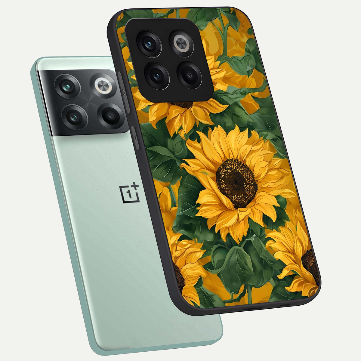  Bright Sunflower Bloom phone case For OnePlus 10T showing premium glass back cover with detailed artwork