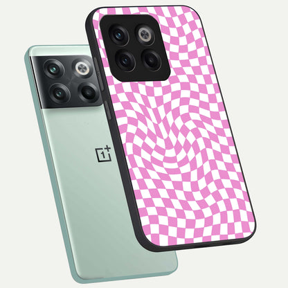  Bubblegum Check Wave phone case For OnePlus 10T showing premium glass back cover with detailed artwork