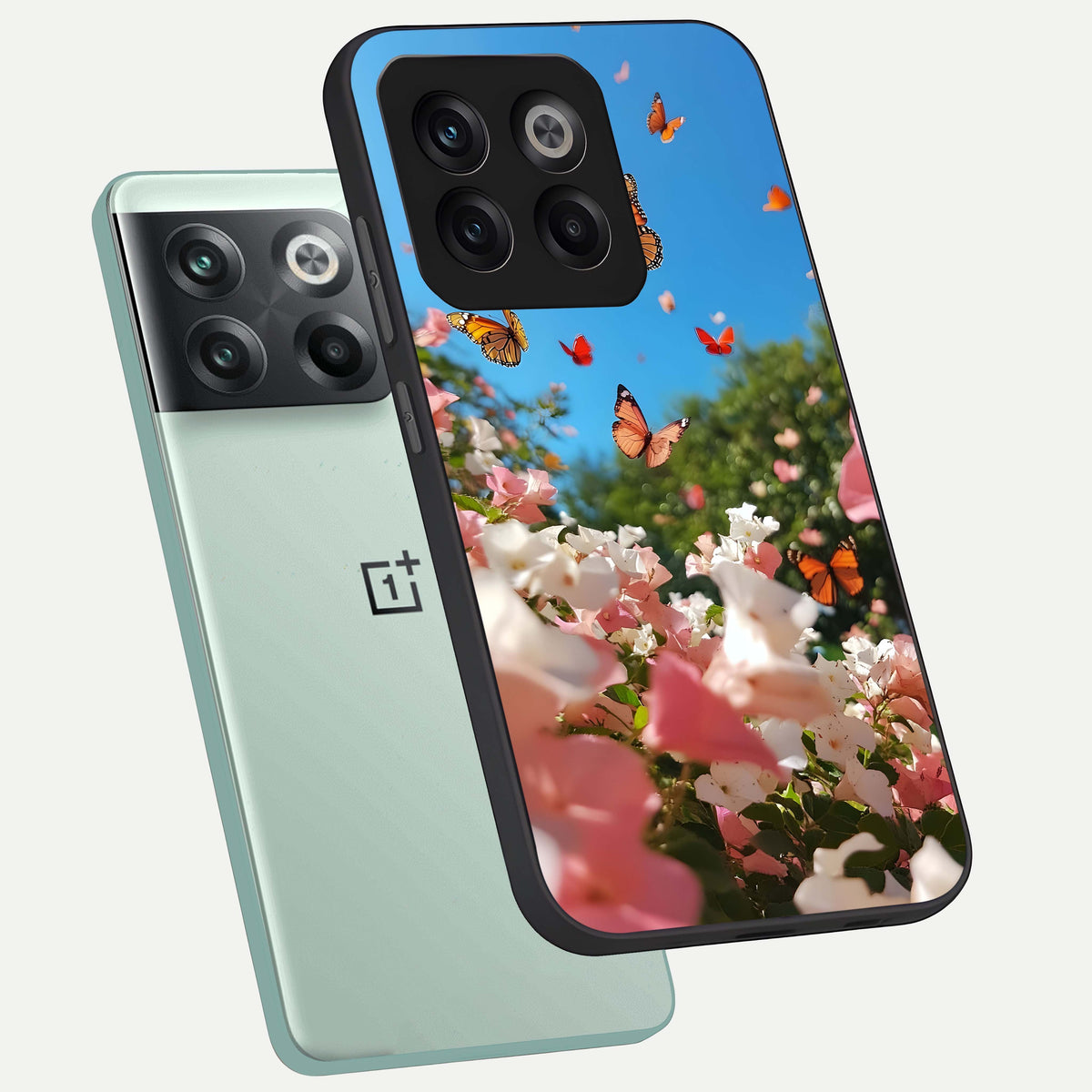  Butterflies In Bloom Sky phone case For OnePlus 10T showing premium glass back cover with detailed artwork