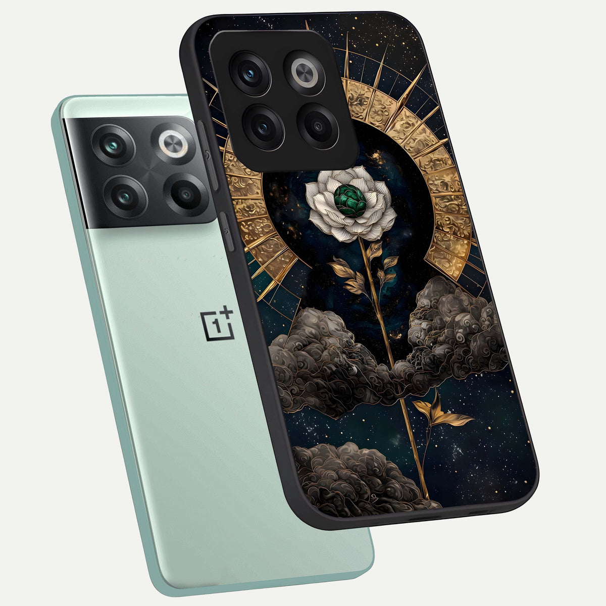  Celestial Lotus Morang phone case For OnePlus 10T showing premium glass back cover with detailed artwork
