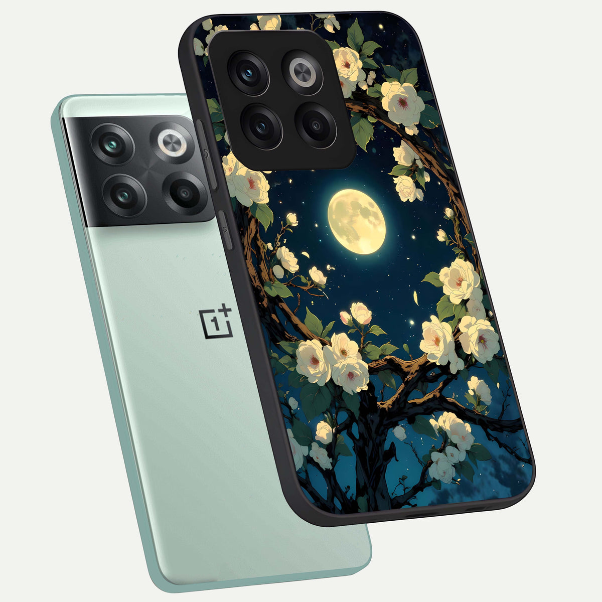  Celestial Moon And Flower phone case For OnePlus 10T showing premium glass back cover with detailed artwork
