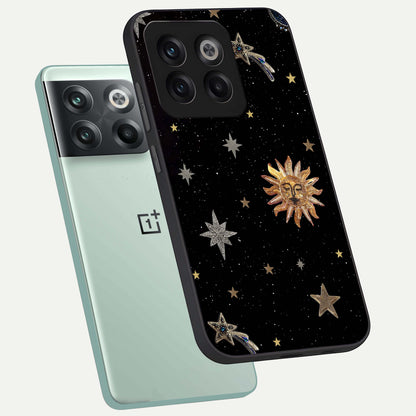  Celestial Moon With Stars phone case For OnePlus 10T showing premium glass back cover with detailed artwork