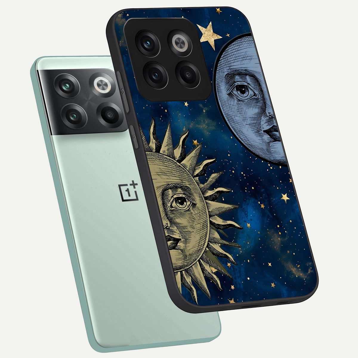  Celestial Moon With Sun phone case For OnePlus 10T showing premium glass back cover with detailed artwork