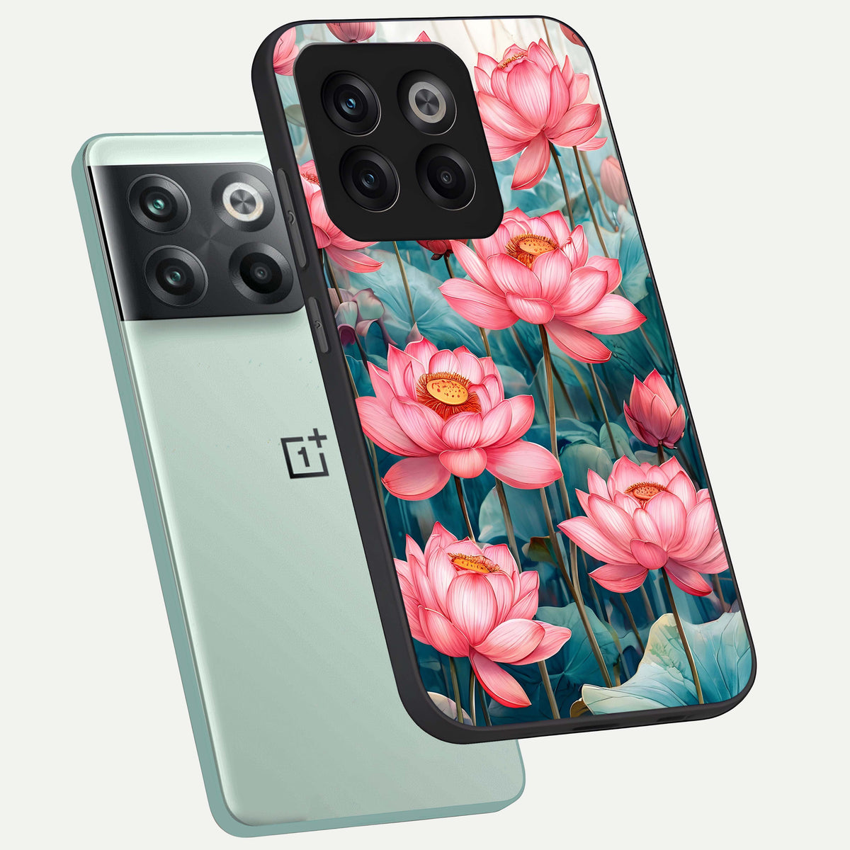  Celestial Pink Lotus phone case For OnePlus 10T showing premium glass back cover with detailed artwork