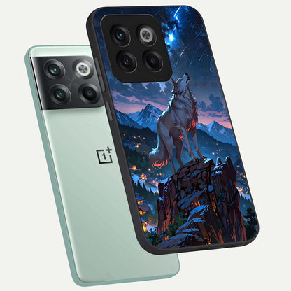  Celestial Wolf Howl phone case For OnePlus 10T showing premium glass back cover with detailed artwork