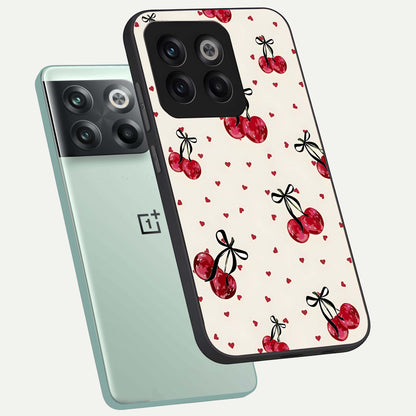  Cherry Heart Bow phone case For OnePlus 10T showing premium glass back cover with detailed artwork