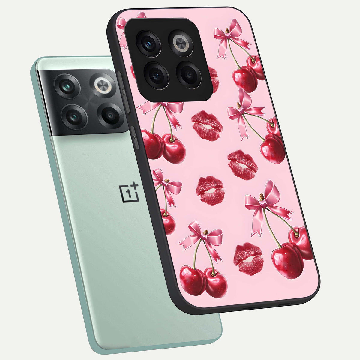  Cherry With Lips phone case For OnePlus 10T showing premium glass back cover with detailed artwork