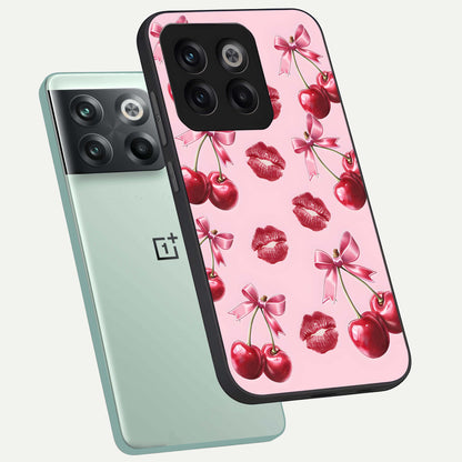  Cherry With Lips phone case For OnePlus 10T showing premium glass back cover with detailed artwork