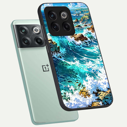  Coastal Blue Waves phone case For OnePlus 10T showing premium glass back cover with detailed artwork