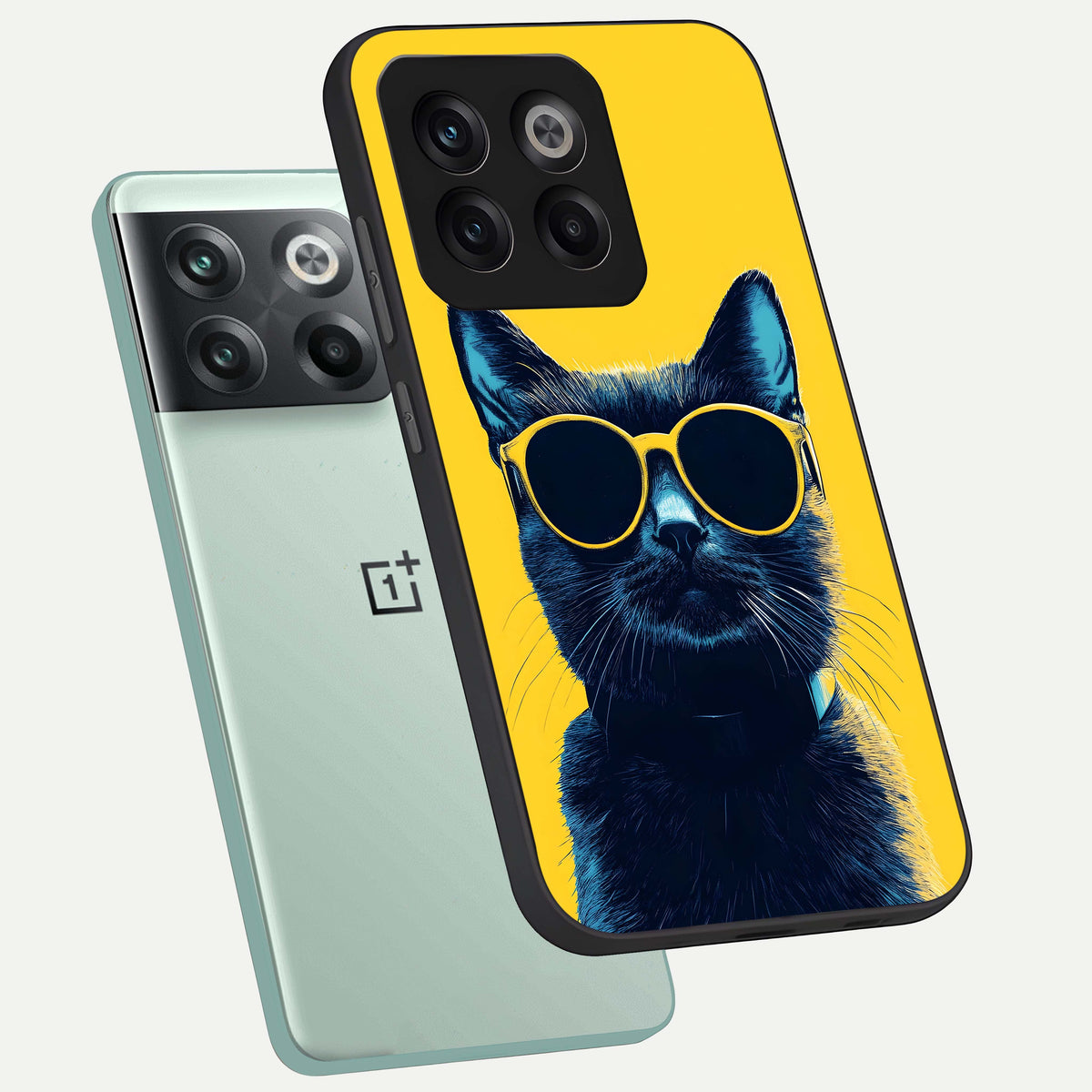 Cool Cat Vibes phone case For OnePlus 10T showing premium glass back cover with detailed artwork