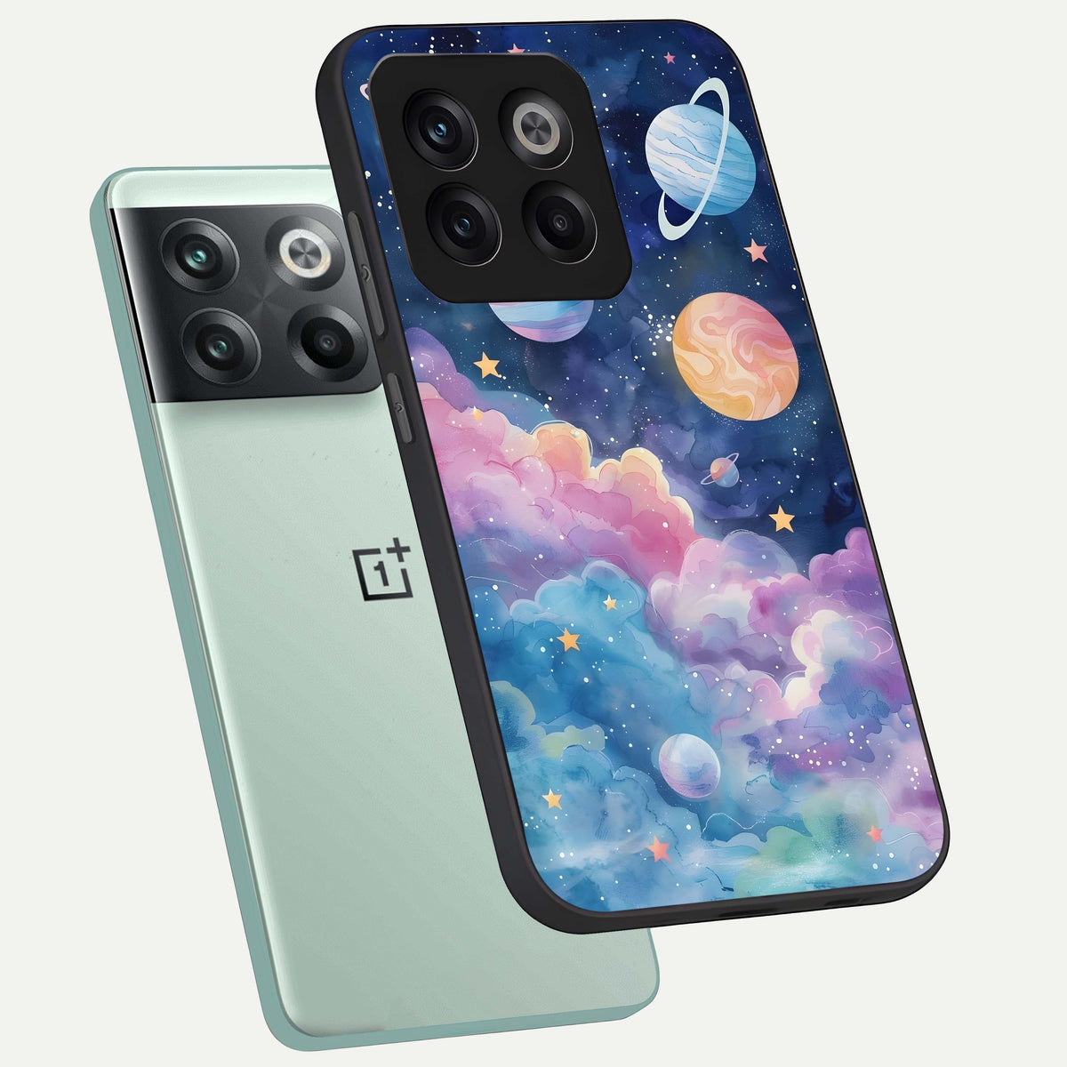  Cosmic Planet Dreams phone case For OnePlus 10T showing premium glass back cover with detailed artwork
