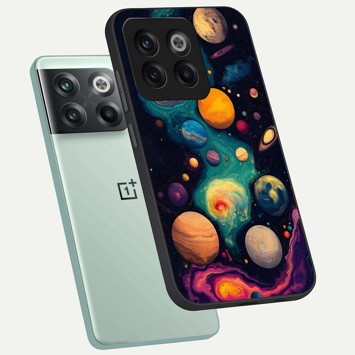  Cosmic Planet Journey phone case For OnePlus 10T showing premium glass back cover with detailed artwork