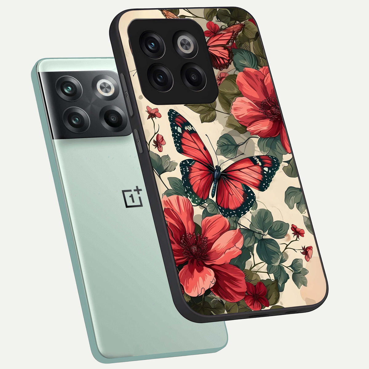  Crimson Butterfly Garden phone case For OnePlus 10T showing premium glass back cover with detailed artwork