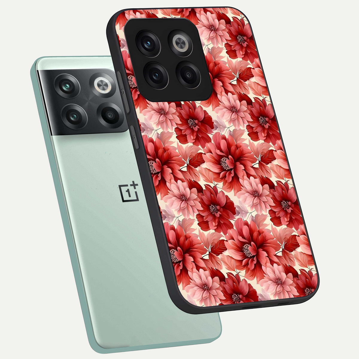  Crimson Love Petals phone case For OnePlus 10T showing premium glass back cover with detailed artwork