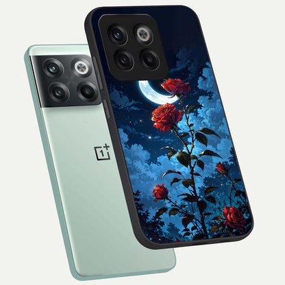  Crimson Rose Moon phone case For OnePlus 10T showing premium glass back cover with detailed artwork