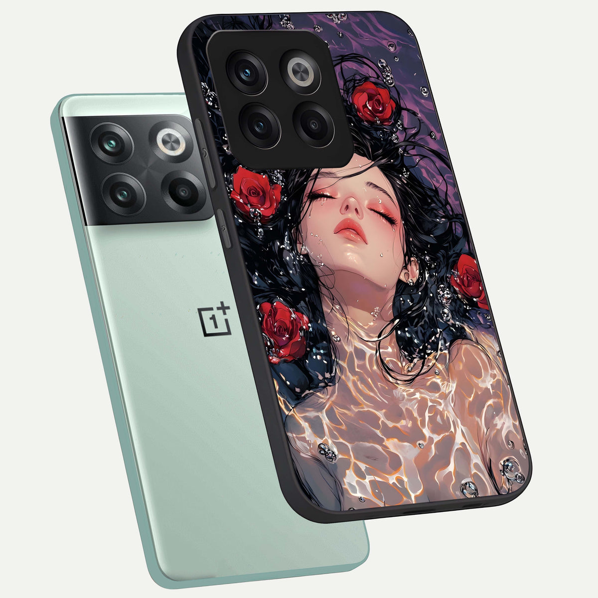  Crimson Rose Serenity phone case For OnePlus 10T showing premium glass back cover with detailed artwork