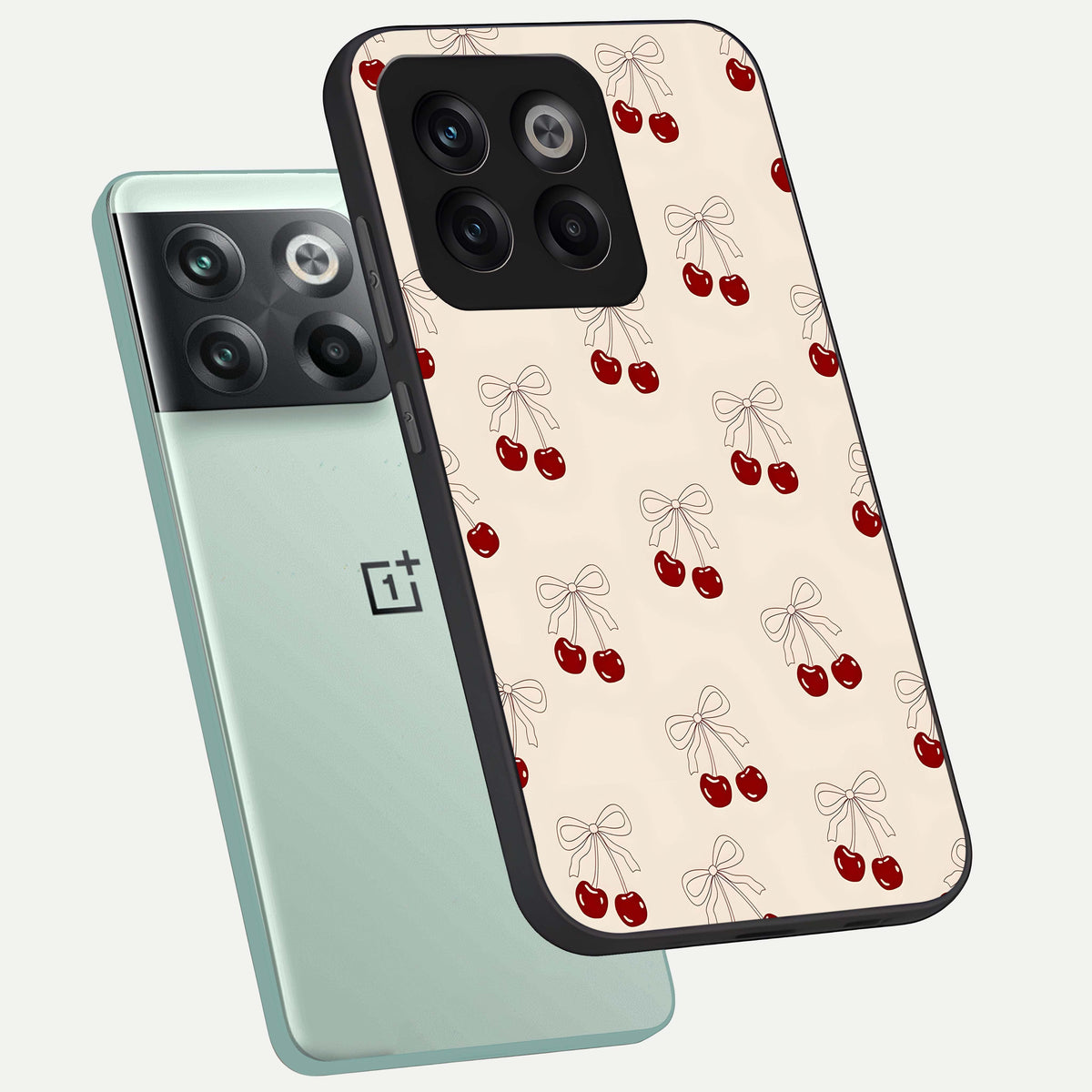  Cute Cherry Pattern phone case For OnePlus 10T showing premium glass back cover with detailed artwork