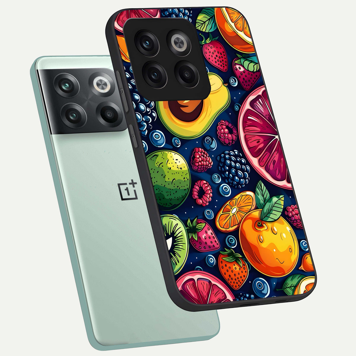  Cute Fruits Art phone case For OnePlus 10T showing premium glass back cover with detailed artwork