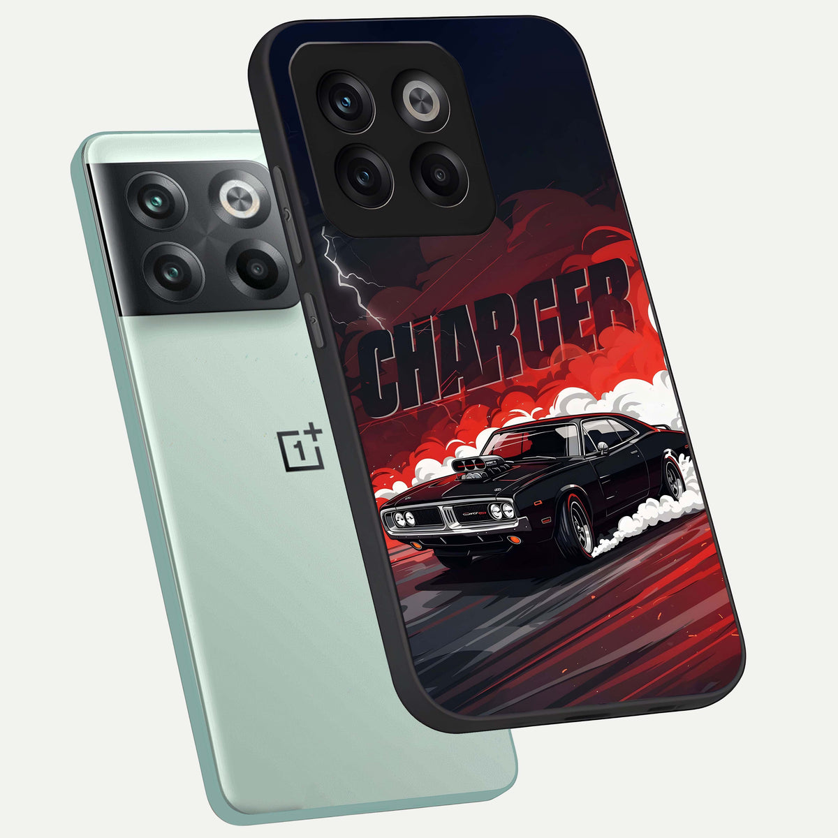  Dark Charger Fury phone case For OnePlus 10T showing premium glass back cover with detailed artwork