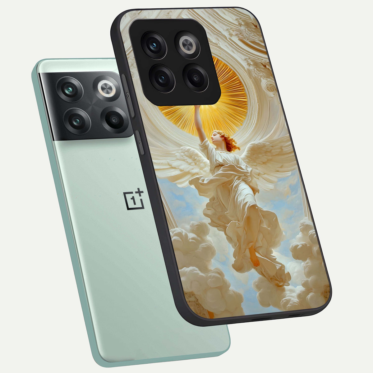  Divine Light Angel phone case For OnePlus 10T showing premium glass back cover with detailed artwork