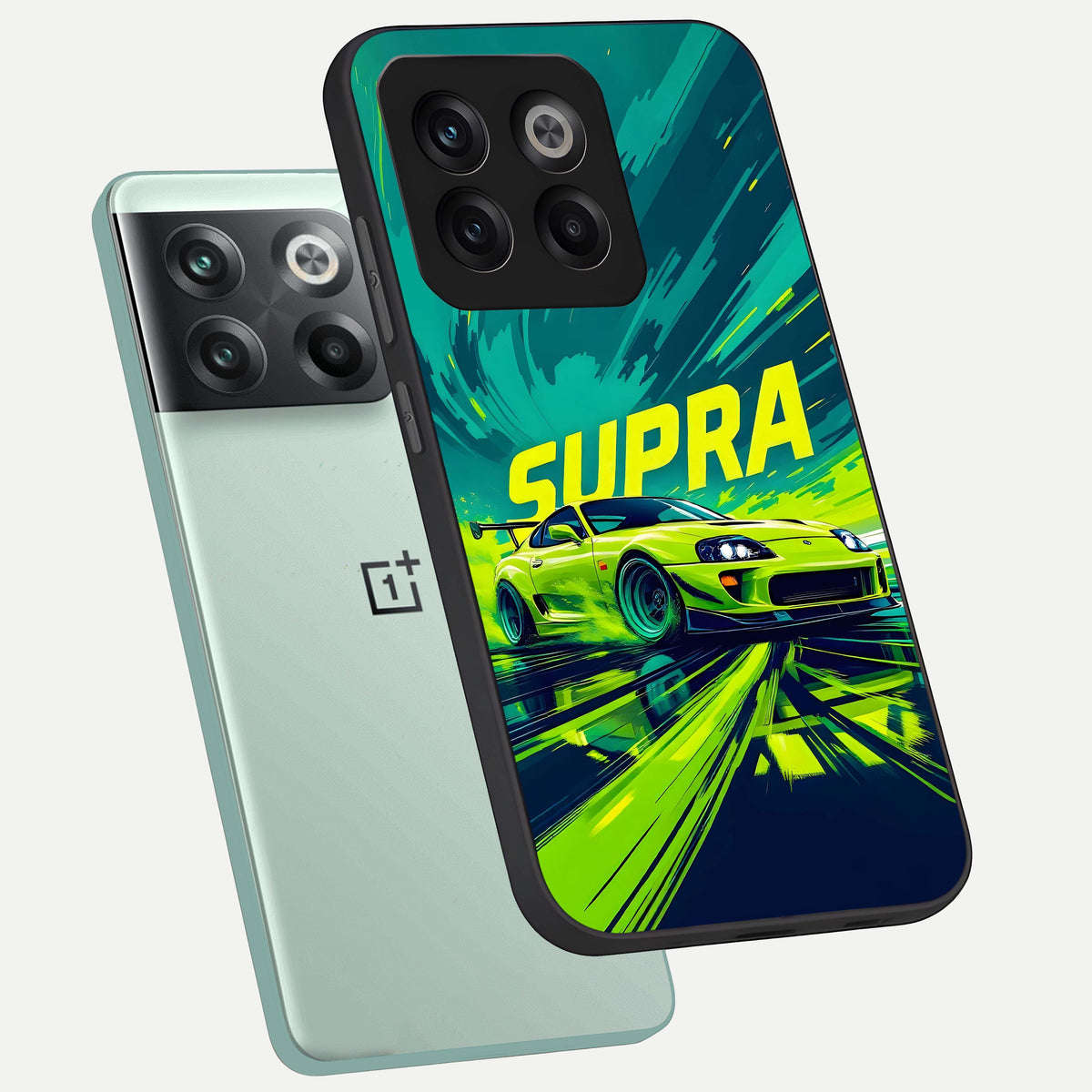  Electric Supra Thunder phone case For OnePlus 10T showing premium glass back cover with detailed artwork